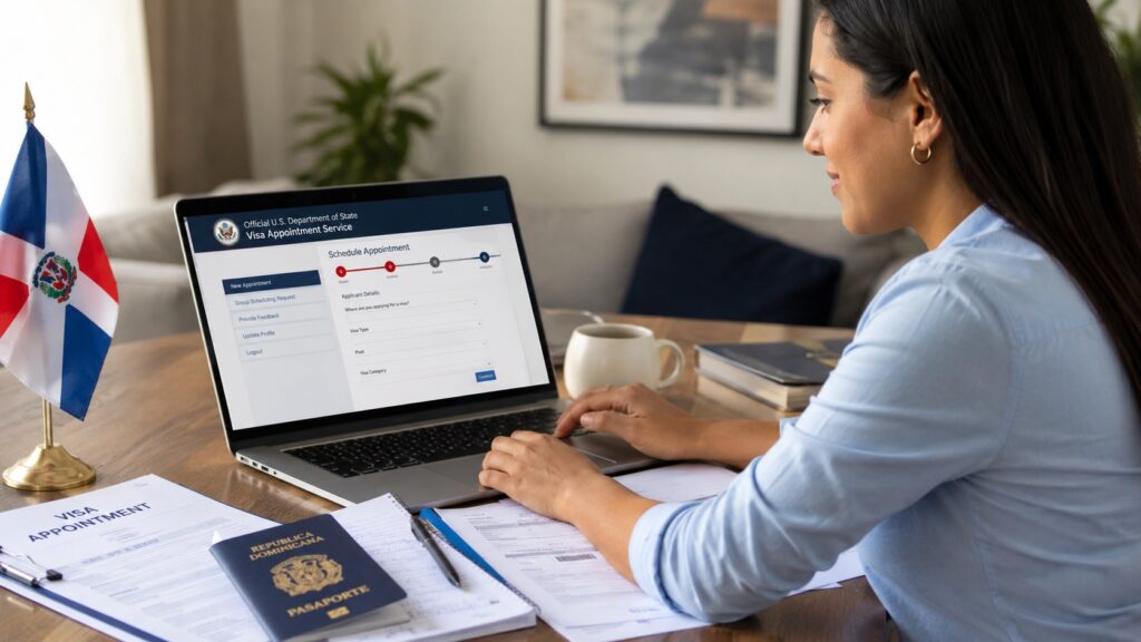 Persona dominicana programando una cita de visa en una computadora con pasaporte dominicano