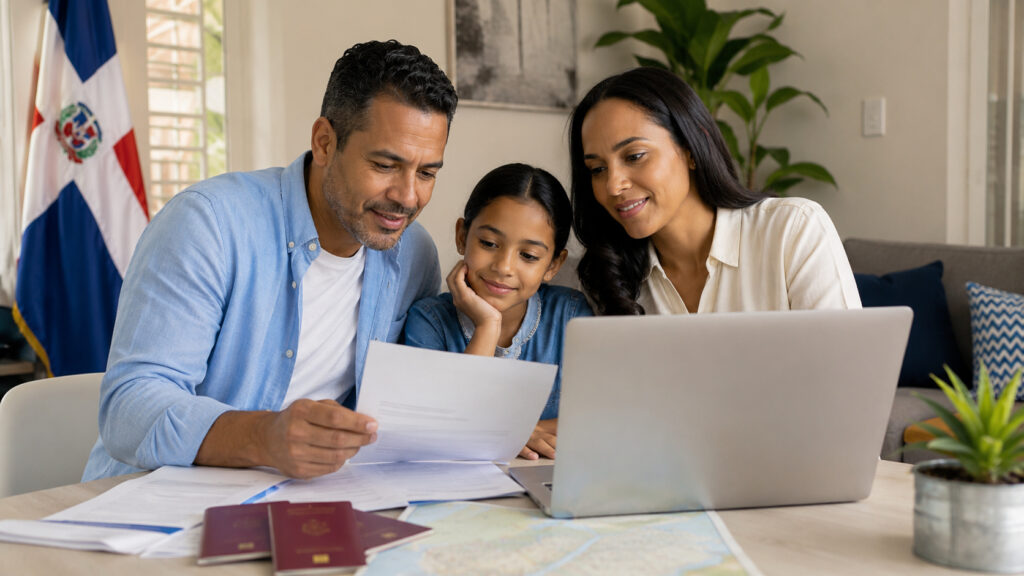 Familia dominicana preparando solicitudes de visa americana