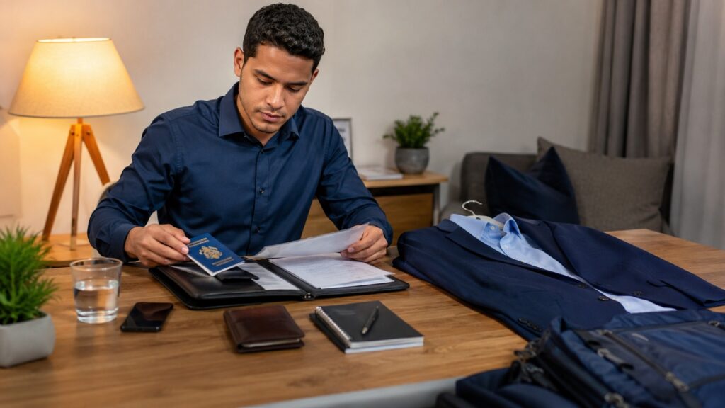 Cuaderno con recomendaciones junto a documentos de visa