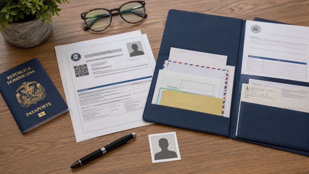 Checklist de documentos junto a pasaporte dominicano
