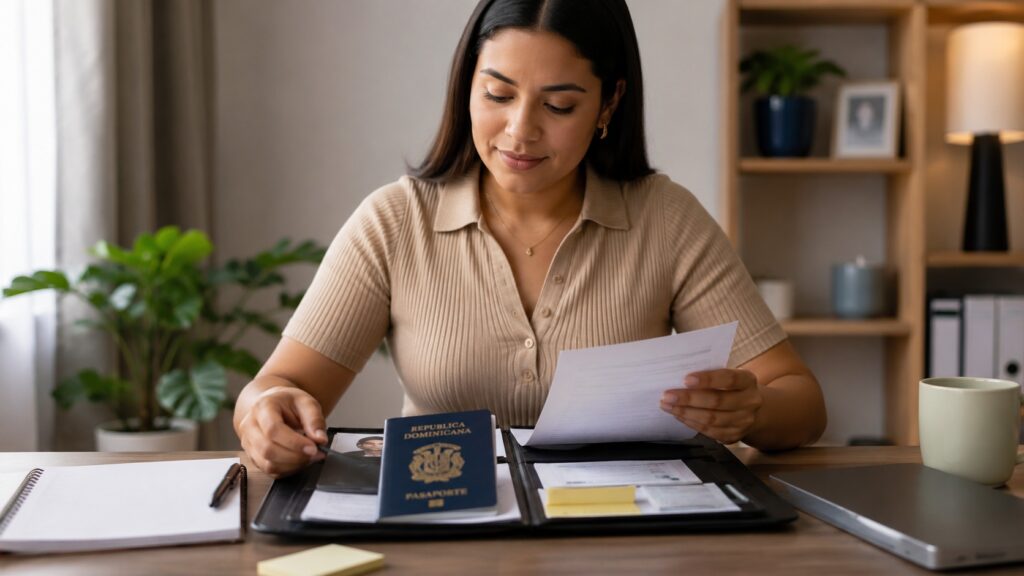 Mujer organizando documentos y pasaporte dominicano antes de completar el formulario DS-160