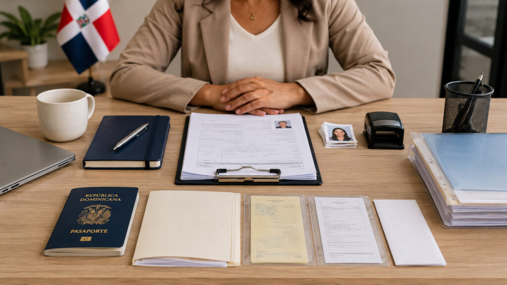 Carpeta con pasaporte dominicano y documentos para renovar una visa americana