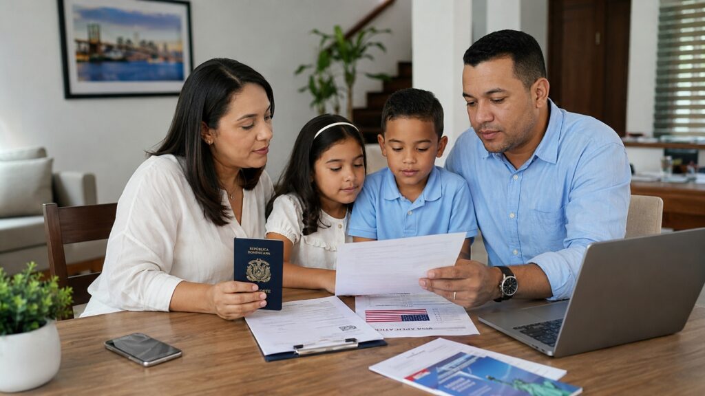 Familia dominicana preparando documentos para su cita