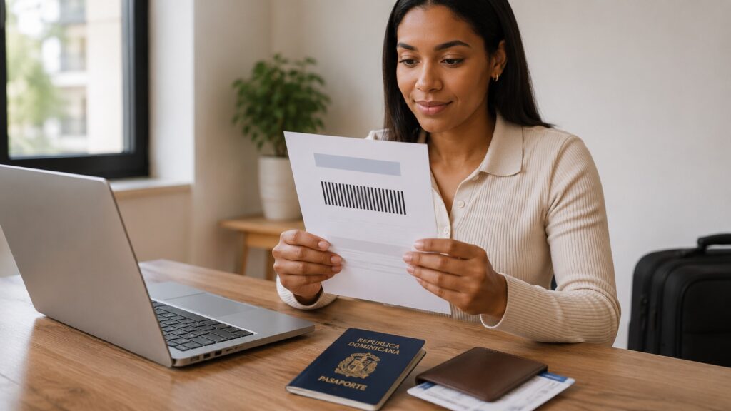 Mujer revisando notas, boletos y pasaporte dominicano para declarar viajes anteriores en el DS-160