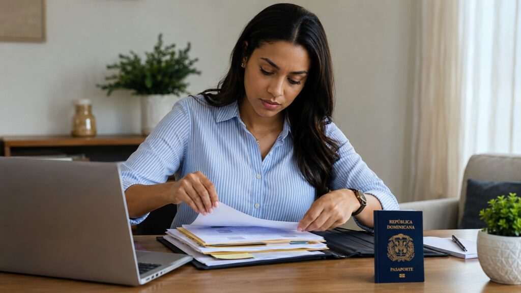 Mujer dominicana organizando documentos y pasaporte dominicano para responder a un caso 221(g)
