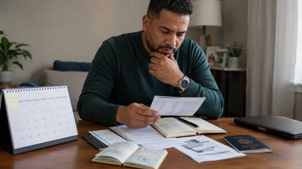Hombre dominicano revisando fechas, documentos de viaje y pasaporte para entender una negativa relacionada con presencia ilegal
