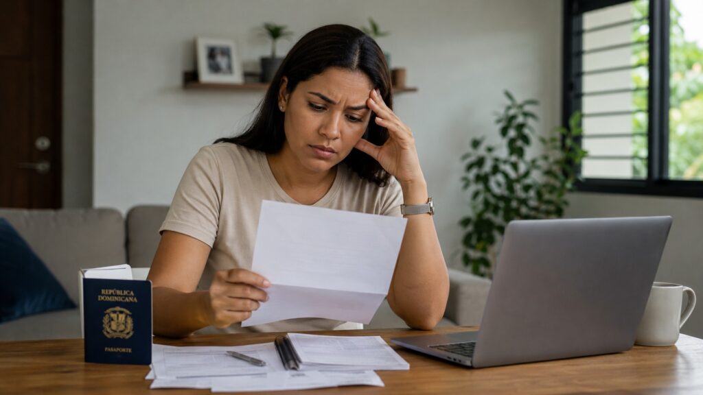 Mujer dominicana preocupada leyendo una comunicación de negativa de visa junto a su laptop y documentos