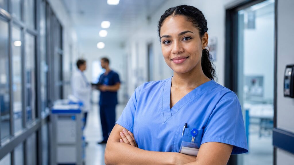Profesional de la salud caminando por un pasillo hospitalario
