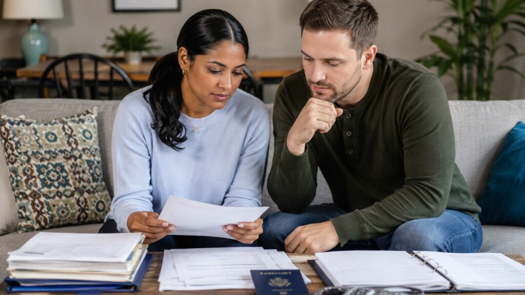 Pareja revisando documentos familiares en una mesa