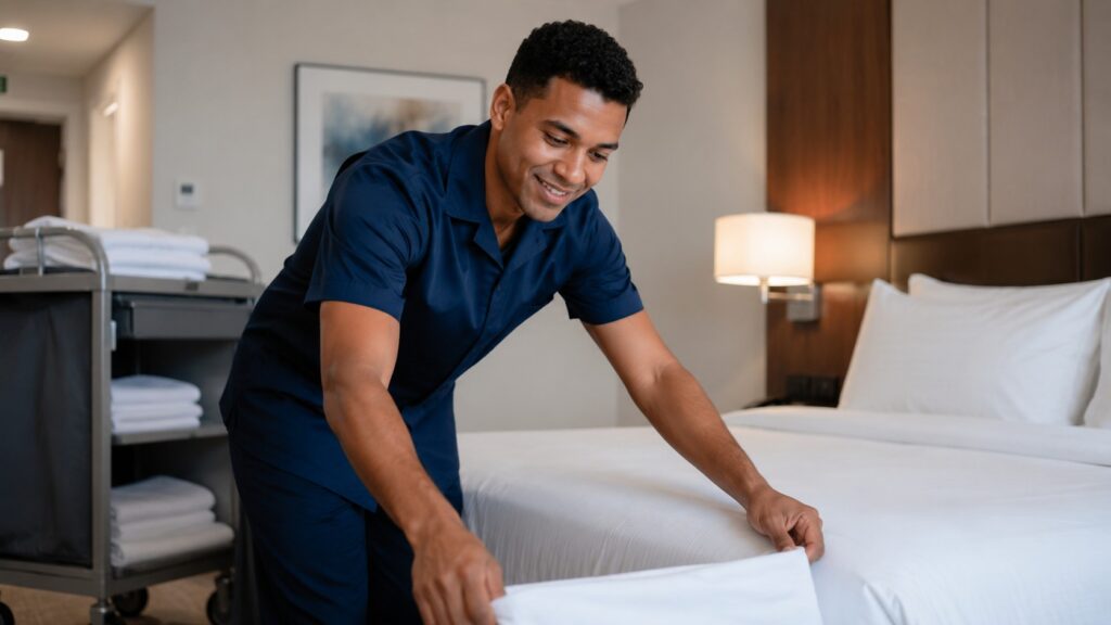 Trabajador de hotel organizando una cama en una habitación moderna
